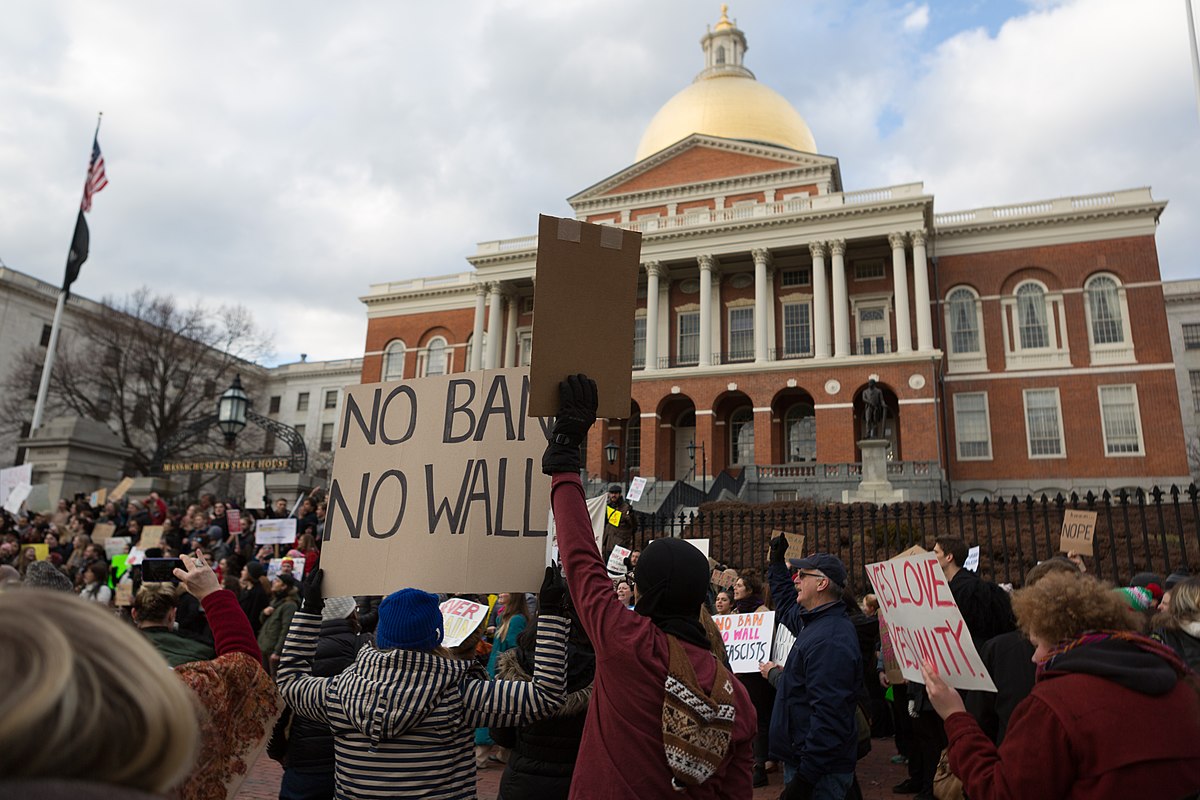 Protesters in front of the Massachusetts State House